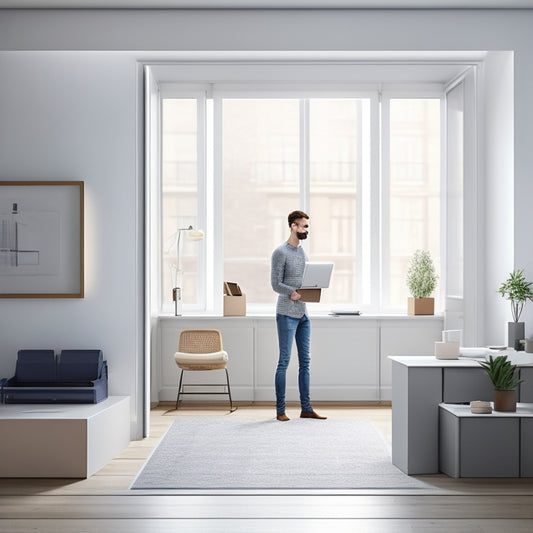 A minimalist illustration of a person standing in an empty, bright apartment, surrounded by a few boxes and a laptop, with a calm and organized atmosphere, and a subtle hint of a budget spreadsheet on the laptop screen.