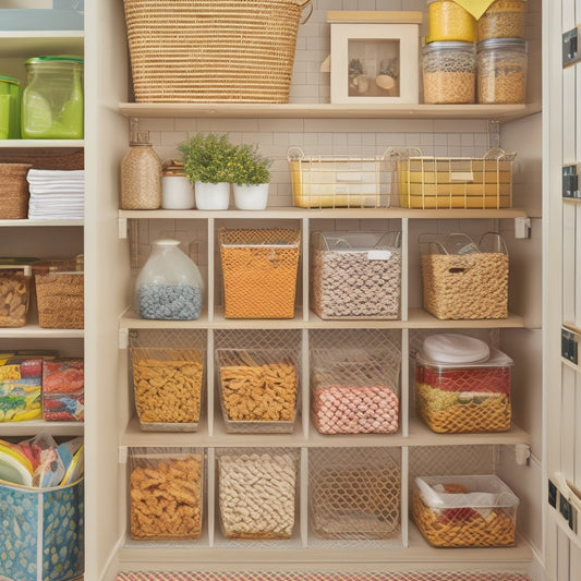 A tidy pantry with open shelves, baskets, and jars, featuring a clipboard on the wall with a grid-patterned paper, a pencil, and a few colorful sticky notes, amidst a calm and neutral background.