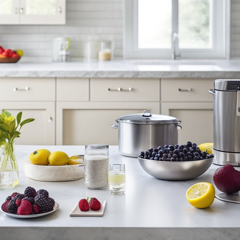 A modern kitchen countertop clutter-free with a sleek silver laptop, a stainless steel stand mixer, and a few artfully arranged ingredients like fresh berries, lemons, and a sprinkle of flour.