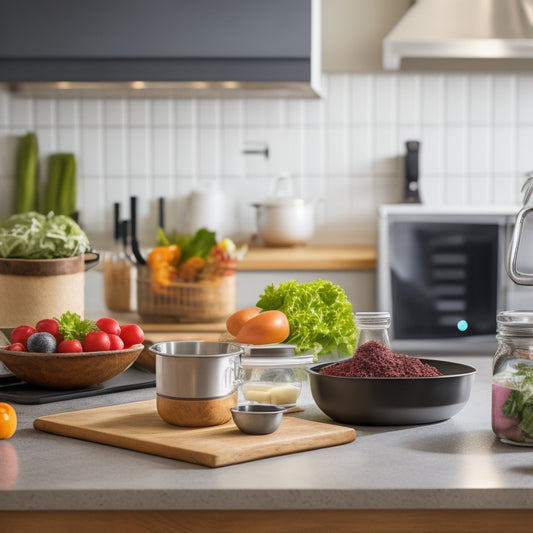 A tidy kitchen counter with a tablet displaying a digital recipe, surrounded by a few fresh ingredients, a chef's hat, and a few meal delivery containers in the background, with a subtle hint of a kitchen utensil organizer.