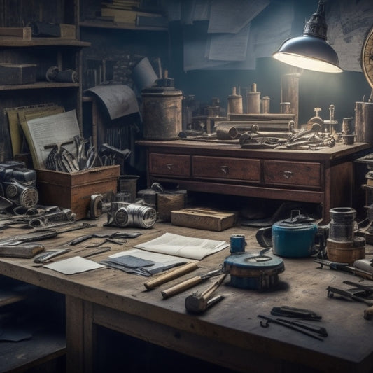 A cluttered workbench with a mix of old and new tools, gadgets, and machinery, surrounded by scattered blueprints, diagrams, and open books, with a faint blueprint-inspired background.