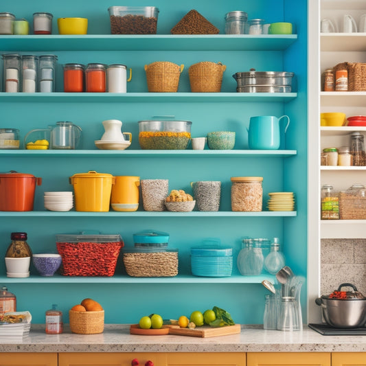 A bright, organized kitchen with a few strategically placed items: a utensil organizer on the counter, a tidy spice rack on the wall, and a few cookbooks stacked neatly on a shelf.