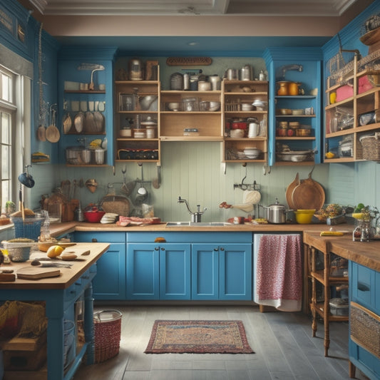 A chaotic kitchen scene with cabinets installed at uneven heights, doors misaligned, and handles mounted crookedly, surrounded by scattered tools and scattered measuring tape.