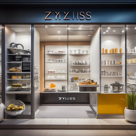 A bright and modern storefront with a sleek, silver "Zyliss" logo above the entrance, surrounded by neatly arranged kitchen utensils and cookware, with a warm, inviting glow emanating from within.