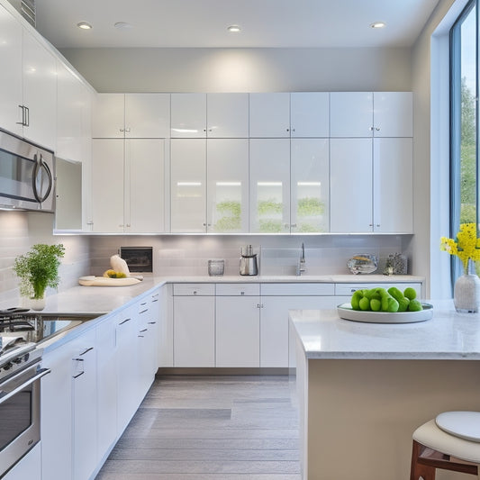 A modern, sleek galley kitchen with high-gloss white cabinets, stainless steel appliances, and a neutral-toned quartz countertop, illuminated by a large skylight and featuring a cleverly hidden trash can and utensil organizers.