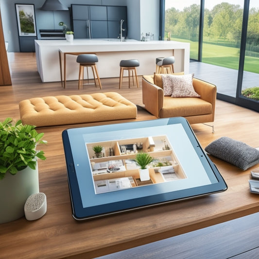 A modern, sleek, and minimalist illustration of a property listing on a tablet, with a 3D floor plan seamlessly integrated into the listing, surrounded by stylish furniture and decor.