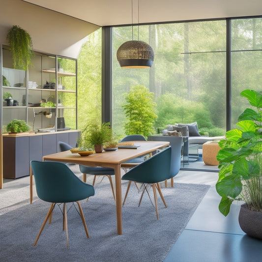 A modern, sleek, and well-lit home interior with a spacious open floor plan, featuring a built-in desk and ergonomic chair, surrounded by floor-to-ceiling windows and lush greenery.