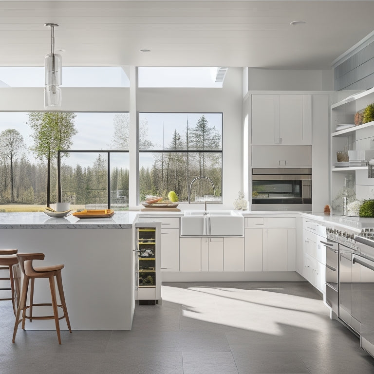 A bright, modern kitchen with sleek white cabinets, quartz countertops, and a large island, set against a backdrop of floor-to-ceiling windows with a blurred outdoor landscape.