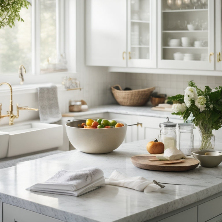 A bright, airy kitchen with a clean marble countertop, a few neatly arranged cookbooks, and a single, spotless mixing bowl, surrounded by a subtle warm glow, evoking a sense of serenity and organization.