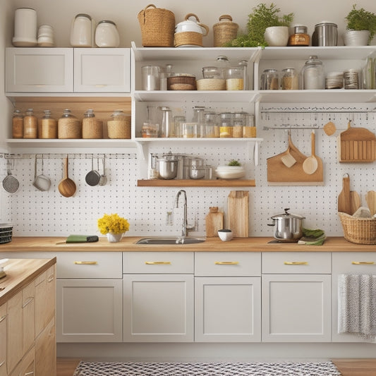 A tidy kitchen with creamy white cabinets, stainless steel appliances, and warm wood countertops, featuring a pegboard with hanging utensils, a Lazy Susan in a corner cabinet, and a labeled spice rack on the wall.