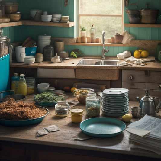 A messy kitchen with cluttered countertops, overflowing utensil holders, and a sink piled high with dirty dishes, surrounded by worn-out recipe books and faded paper notes stuck to the fridge.