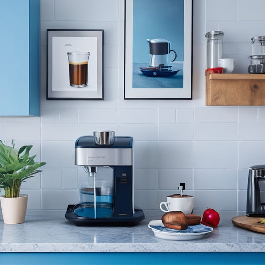 A bright, modern kitchen with sleek countertops, a minimalist backsplash, and a few strategically placed gadgets, including a tablet mounted on the wall, a smart coffee maker, and a compact stand mixer.