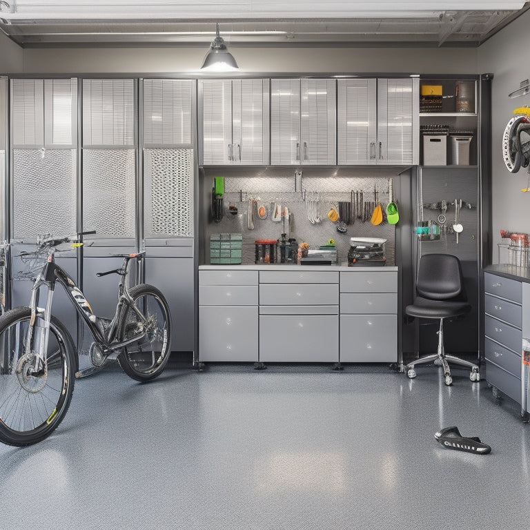 A clutter-free garage with sleek, silver storage cabinets, a pegboard with neatly hung tools, and a polished epoxy floor reflecting a row of shiny, black sports bikes.