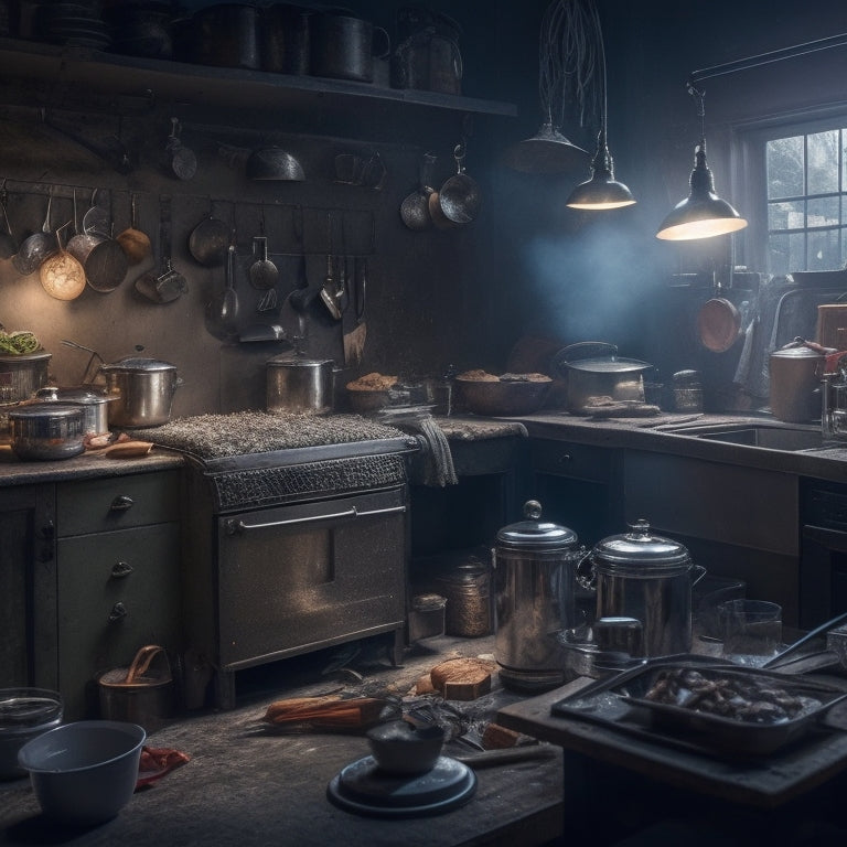 A dimly lit, cluttered kitchen with a mix of European cooking equipment, tangled cords, and warning signs, surrounded by sparks, smoke, and broken glass, conveying a sense of danger and chaos.