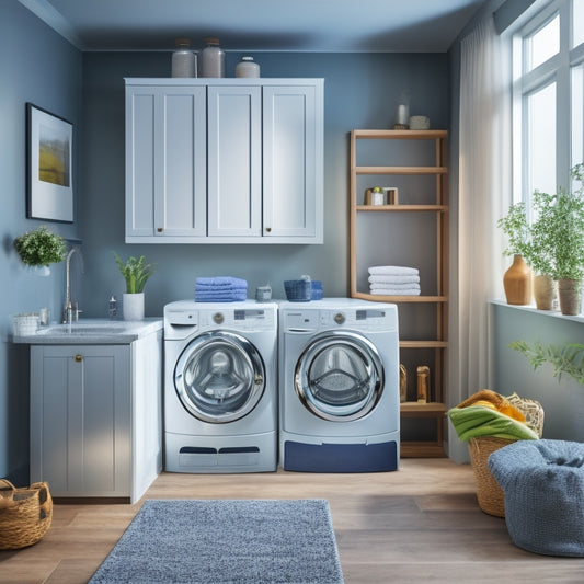 A sleek, modern laundry room with a Miele washing machine as the centerpiece, surrounded by neatly folded clothes, a few scattered soap bubbles, and a subtle hint of steam rising from the machine.