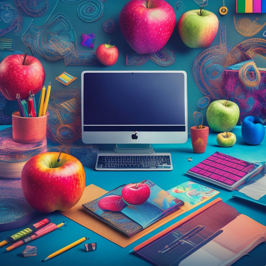 A colorful illustration featuring a stylized teacher's desk with a laptop, surrounded by vibrant icons of apples, pencils, and stars, amidst swirling patterns of geometric shapes and abstract swirls.