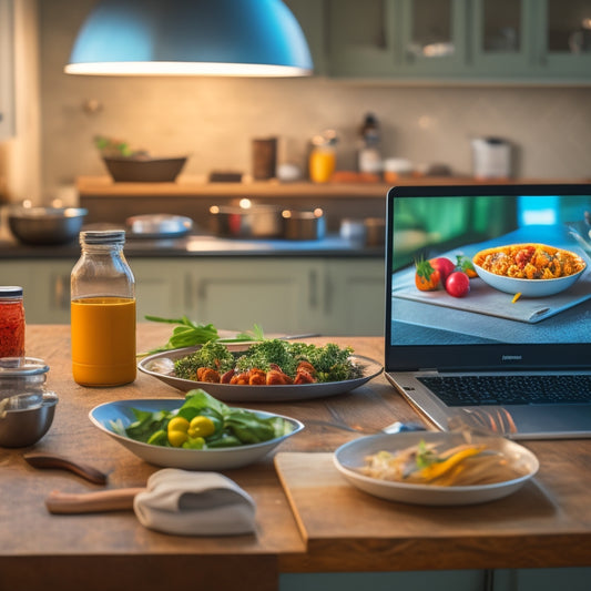 A chef's kitchen with a laptop open to a cooking class website on the counter, surrounded by utensils, ingredients, and a half-prepared dish, with a blurred background of a cooking studio.