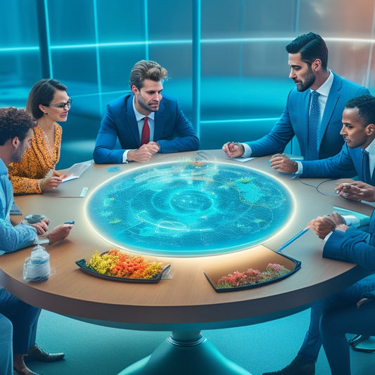 Illustrate a futuristic, curved conference table surrounded by diverse team members engaging in a collaborative discussion, with glowing MindManager-generated mind maps and connections floating above the surface.