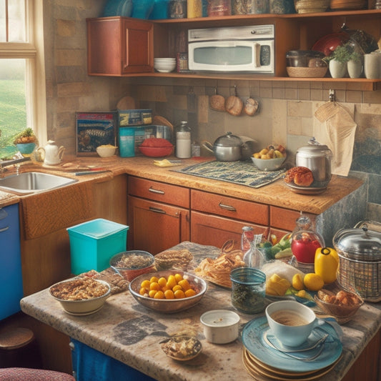 A cluttered kitchen with overflowing cabinets, countertops buried under appliances and snacks, and a sink piled high with dirty dishes, surrounded by worn-out cookbooks and torn recipe papers.