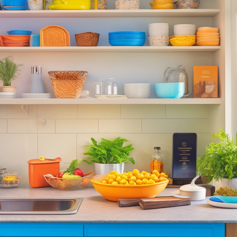 A bright, modern kitchen with sleek countertops, featuring a utensil organizer on the wall, a labeled spice rack, and a tidy island with a few cookbooks and a tablet displaying a certification badge.