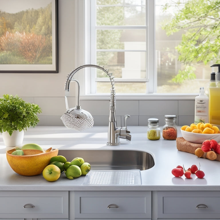 A gleaming, spotless kitchen with a stainless steel sink, a clean white countertop, and a neatly organized utensil holder, surrounded by a few strategically placed cleaning supplies and a bowl of fresh fruit.