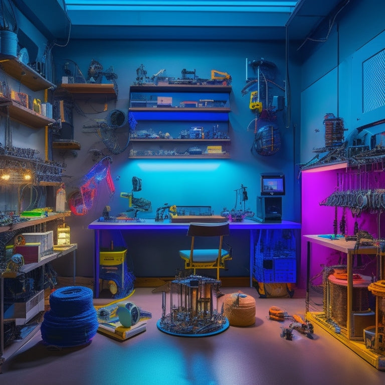 A futuristic, well-lit home workshop with a 3D printer at its center, surrounded by half-finished projects, tools, and colorful spools of filament, with a few robotic and mechanical creations coming to life.