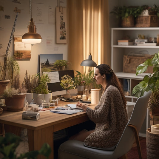 A warm, well-lit, and organized home workspace with a woman sitting comfortably in front of a laptop, surrounded by creative supplies, plants, and inspirational quotes on a vision board.