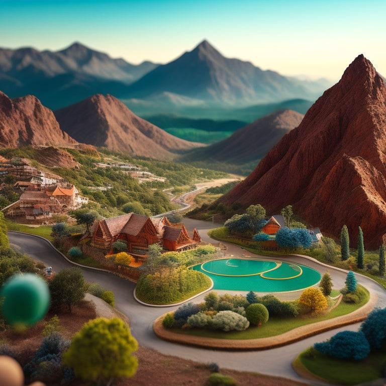 A sprawling, layered 3D landscape with various Amazon product categories (e.g., electronics, fashion, home goods) represented as distinct, vibrant territories, connected by winding paths and gentle hills.