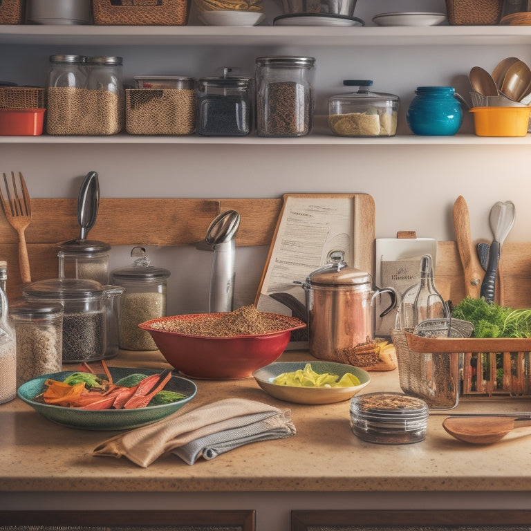 A cluttered kitchen counter with a jumbled mess of utensils, cookbooks, and appliances, contrasted with a tidy section featuring a utensil organizer, a labeled spice rack, and a few carefully arranged cookbooks.