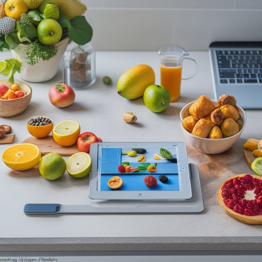 A colorful, organized kitchen counter with a laptop, a few fresh fruits, and a variety of healthy snacks, surrounded by a wireframe of a smartphone displaying a meal planning app interface.