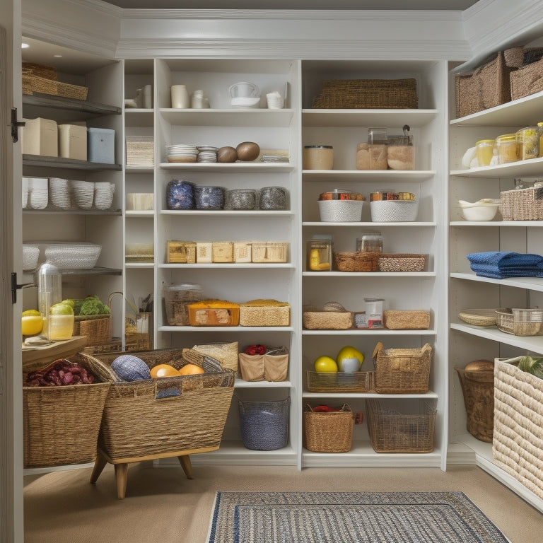 A bright, well-lit pantry with neatly arranged shelves, containing a variety of storage bins, baskets, and containers in different shapes, sizes, and materials, with a few cookbooks and utensils artfully placed.