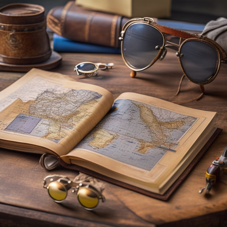 A vintage-style leather-bound pilot's logbook lies open on a worn wooden desk, surrounded by scattered aviation maps, a propeller, and a pair of worn pilot's goggles.