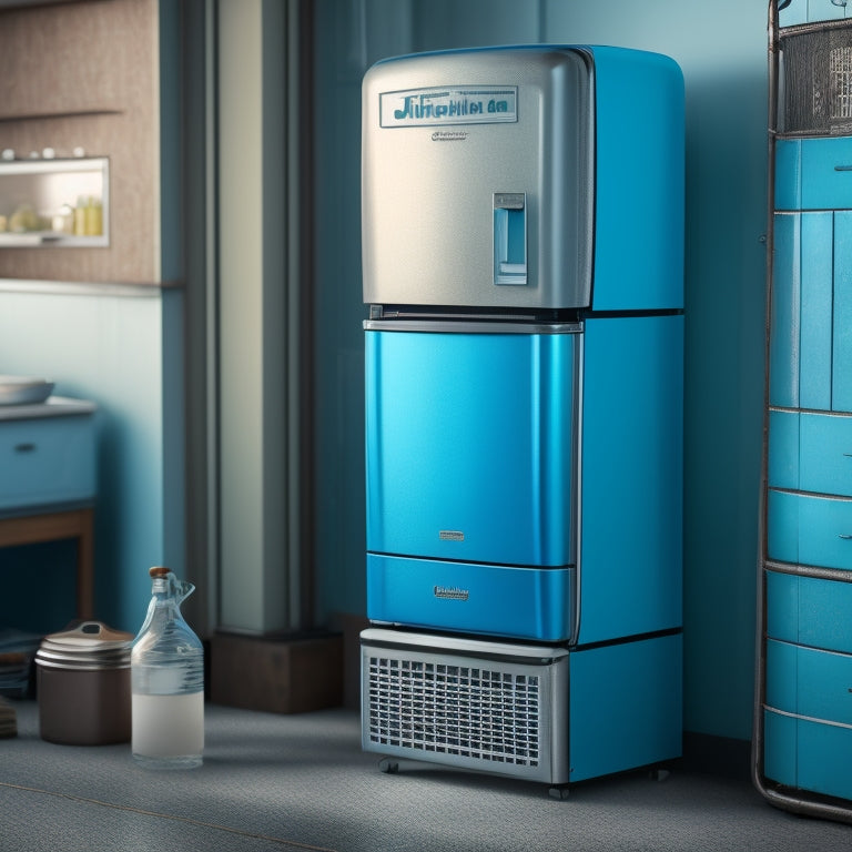 A worn, outdated refrigerator with rust spots and a broken ice dispenser, contrasted with a newer model in the background, shiny and sleek, with a faint checkmark or tick symbol above it.