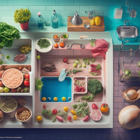 A colorful illustration of a clean and organized kitchen with separate, labeled zones for raw meat, veggies, and ready-to-eat foods, featuring a prominent sink with soap and running water.