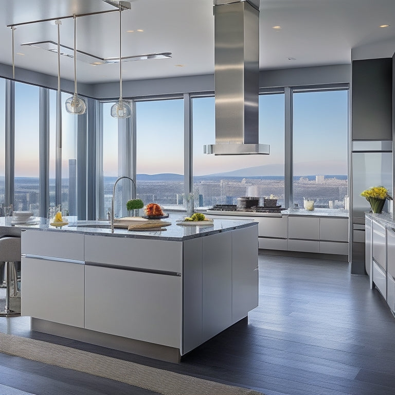 A modern kitchen with sleek, high-gloss cabinets, quartz countertops, and a large island with a built-in cooktop, surrounded by pendant lights and a stunning cityscape view through floor-to-ceiling windows.