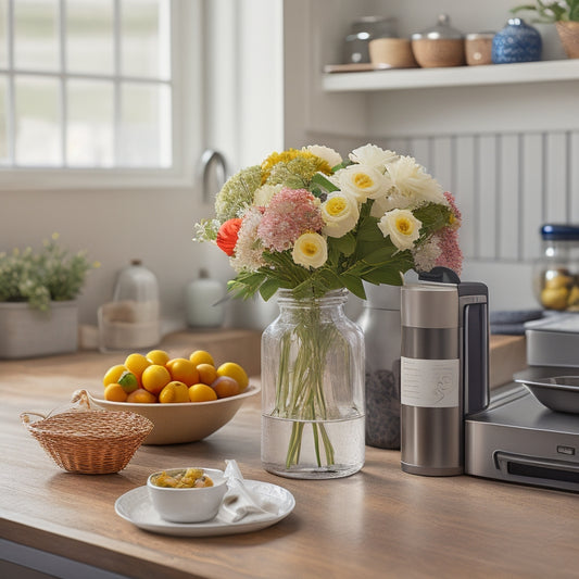 A tidy kitchen countertop with a few organized jars, a small vase with fresh flowers, and a smartphone displaying a decluttering app's interface, set against a soft, creamy background.