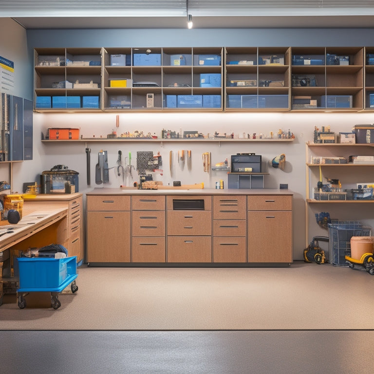 A clutter-free garage workshop with a massive, modular cabinet system featuring multiple drawers, shelves, and a pegboard, surrounded by sleek tools and equipment, bathed in warm, soft lighting.