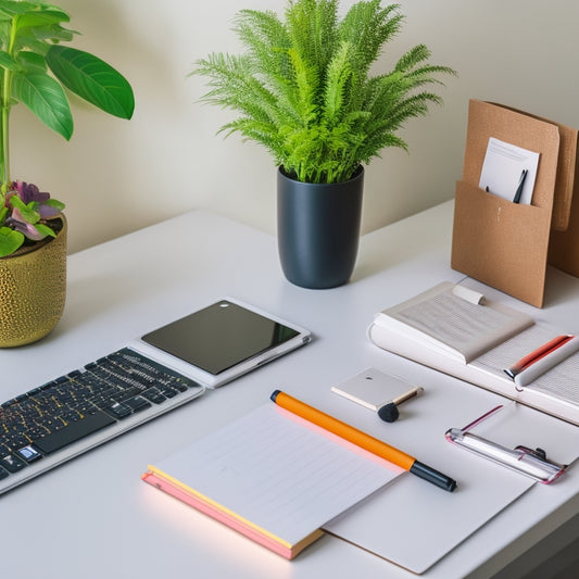 A modern, minimalist desk setup featuring a magnetic weekly planner with a built-in message board, surrounded by scattered colorful pens, a small potted plant, and a sleek laptop in the background.