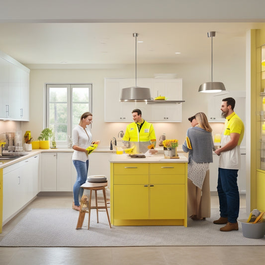 An empty, modern kitchen with sleek white cabinets, stainless steel appliances, and a large island, surrounded by IKEA installation experts in yellow vests, holding tools and consulting plans.