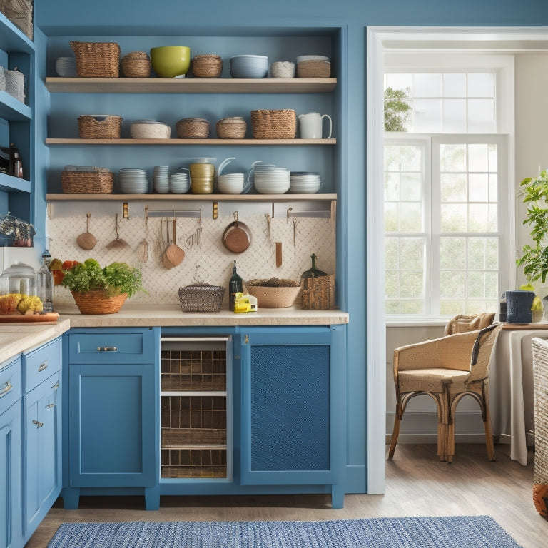 A bright, modern kitchen with a partially open pantry door, revealing a tidy, organized interior with baskets, bins, and jars of various sizes, stacked shelves, and a pegboard with hanging utensils.