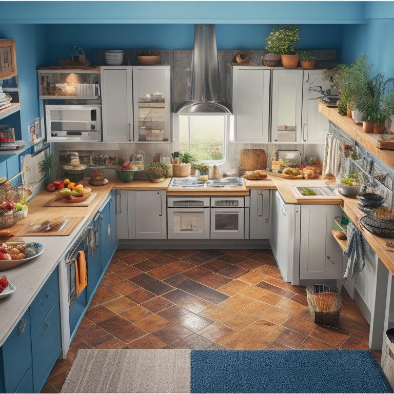 An L-shaped kitchen with a cluttered workspace, appliances overcrowding the countertops, and a narrow walkway between the two legs, contrasted with a mirrored version featuring a spacious, organized layout.