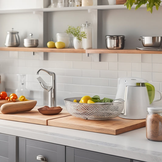 A clutter-free kitchen counter with a sleek, white quartz countertop, featuring a stainless steel utensil organizer, a wooden cutting board, and a tiered spice rack, surrounded by minimal decor.