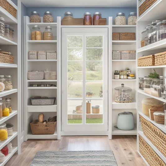 A tidy kitchen pantry with sliding drawers, adjustable shelves, and baskets, featuring various labeled containers, jars, and bins in a calming color scheme, with natural light pouring in from the window.