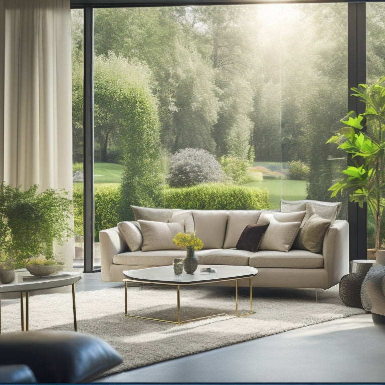 A luxurious modern living room with a "sold" sign on the lawn outside, surrounded by lush greenery and a bright sunny day, with a subtle hint of a smiling face in the window reflection.