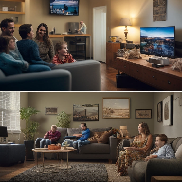 A split-screen image featuring a messy, cluttered living room with boxes and wires scattered around, contrasted with a tidy, organized space with a newly installed smart TV and soundbar, surrounded by satisfied family members.