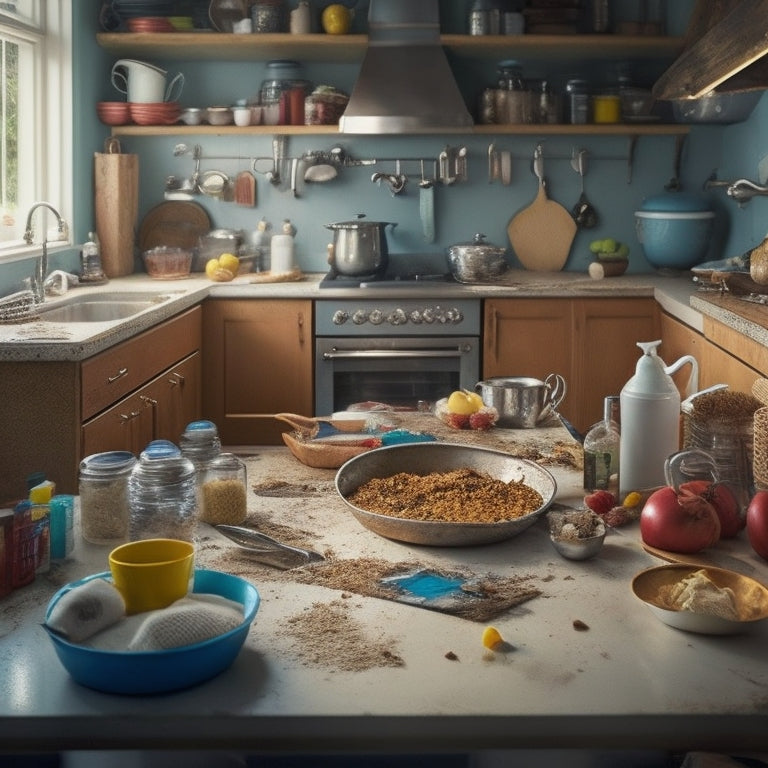 A cluttered kitchen with overflowing countertops, a sink piled high with dirty dishes, and a messy floor littered with crumbs and spills, contrasted with a small, tidy corner featuring a single, spotless appliance.