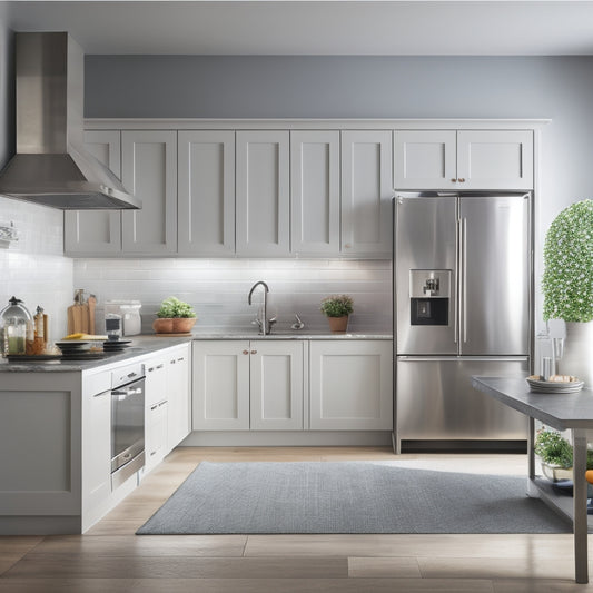 A serene kitchen with a stainless steel island, minimalist cabinets, and a few, strategically placed, gleaming appliances, surrounded by ample negative space and a few, deliberate, decorative accents.