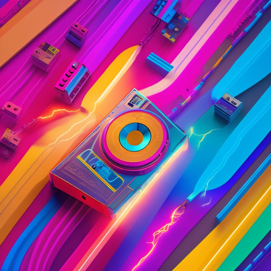 A stylized illustration of a lightning bolt striking a retro cassette tape, transforming it into a digital download symbol, surrounded by swirling shapes and vibrant colors, conveying speed and innovation.