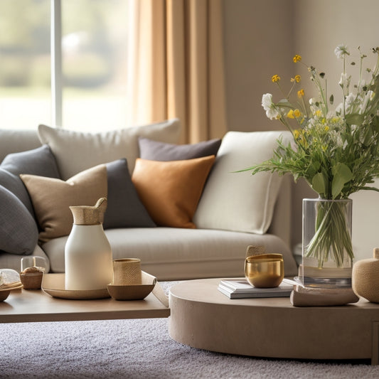 A serene, well-lit, and decluttered living room with a minimalist coffee table, a vase with fresh flowers, and a few strategically placed throw pillows in neutral tones.