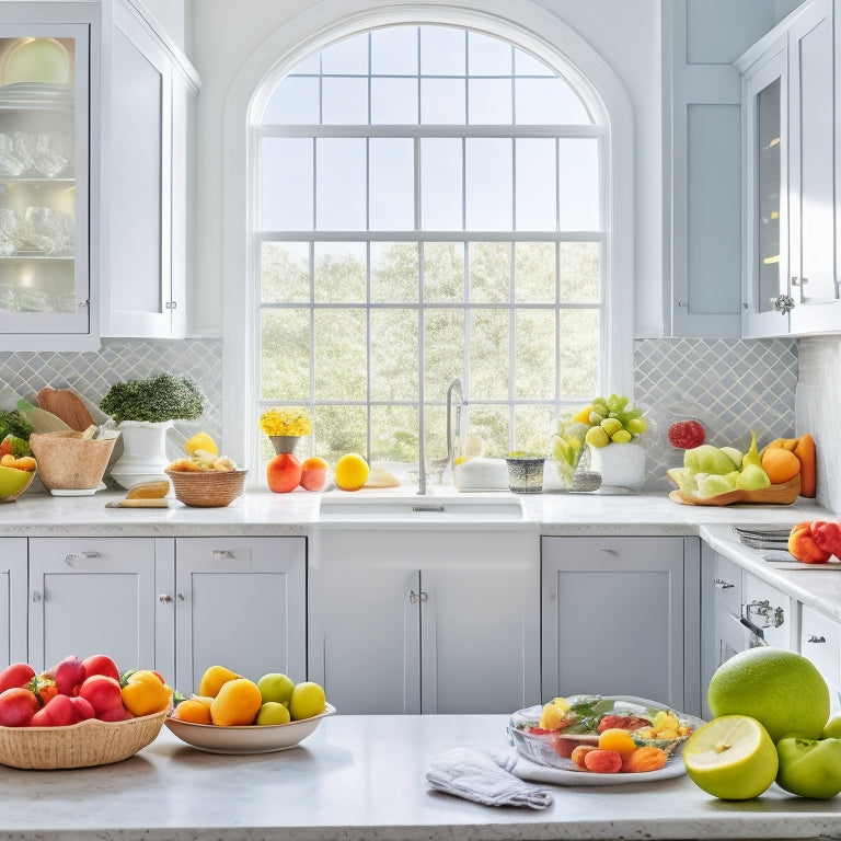 A bright and airy kitchen countertop with a variety of colorful, portioned meals in containers, a few fresh fruits and veggies, and a small scale in the corner, surrounded by natural light.